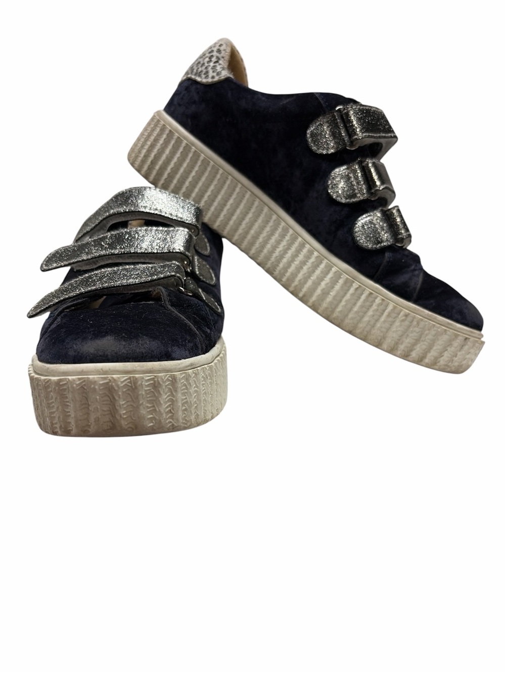 Vanessa‎ Wu Platform Sneakers Womens 38 Navy Suede Silver Glitter Straps Bolt